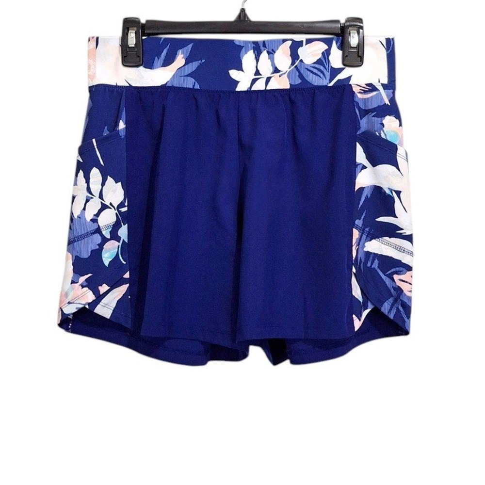 Tek Gear DryTek Womens Shorts M L Navy Blue Floral Side Pockets Unlined Athletic